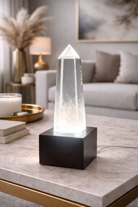 Extraklare Bergkristallspitze mit LED-Licht auf handgefertigtem Holzsockel – Unique Crystals