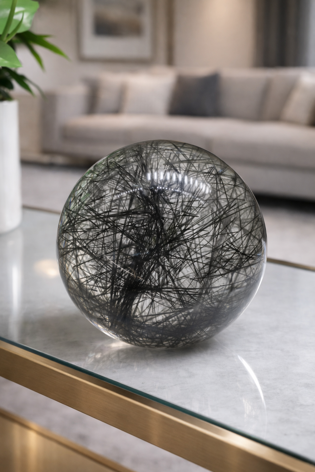 Extraklare schwarze Rutil-Quarz-Kugel aus Brasilien – 15,2 cm grosse Kristallkugel mit feinen Rutil-Nadeln