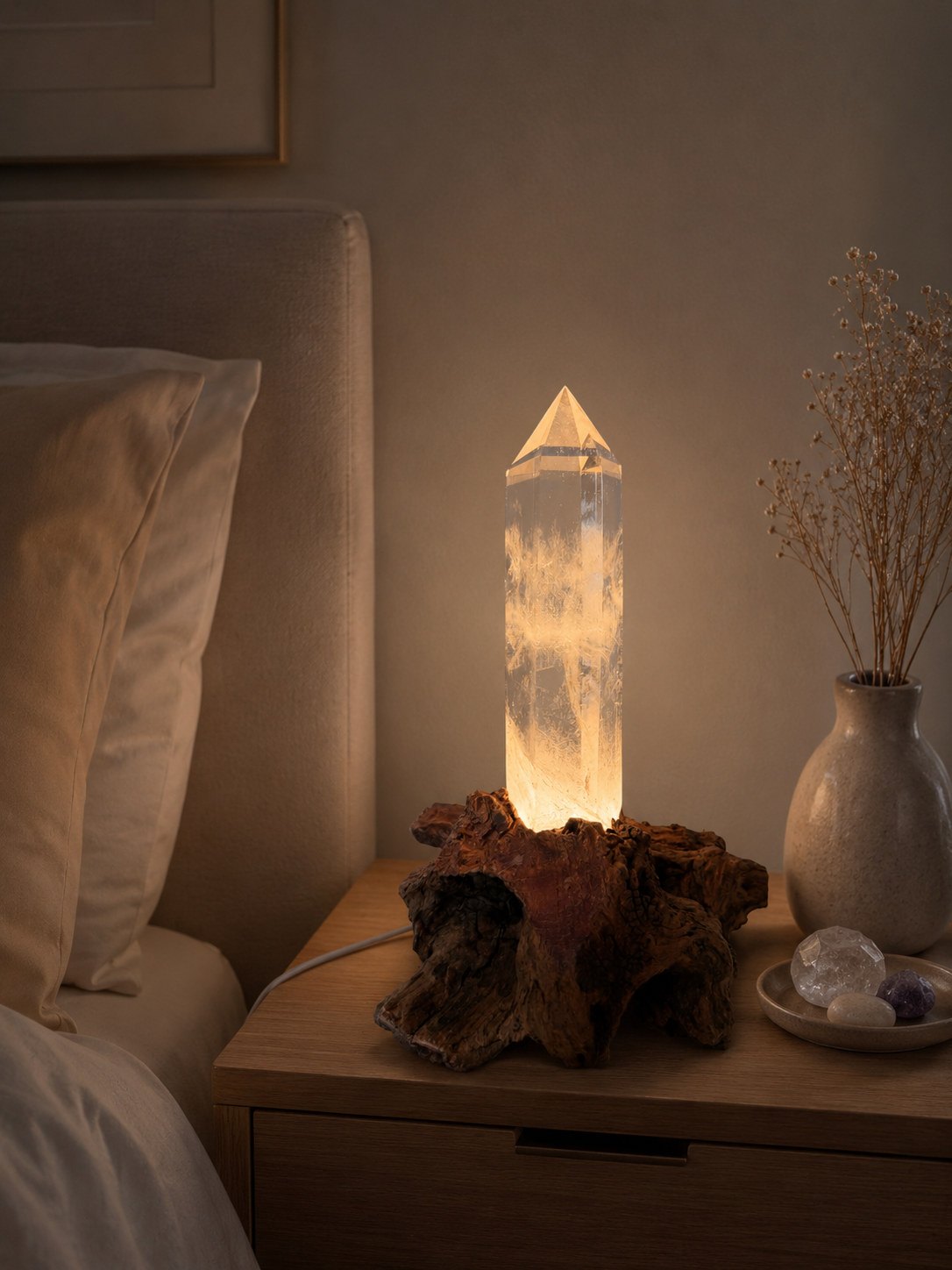 Ultra-clear rock crystal point on root stand – Light play & natural magic ✨ | 19 cm