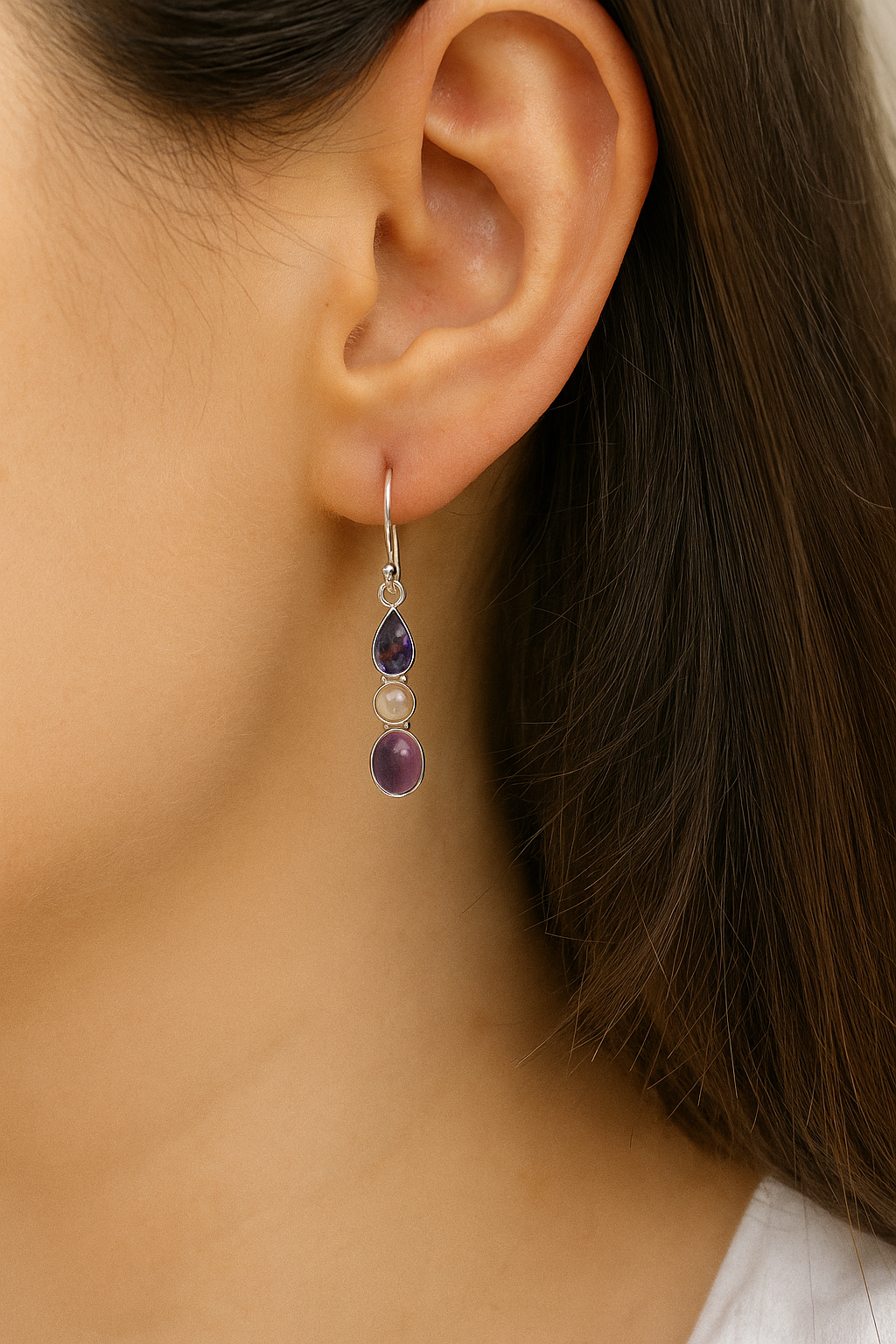 Amethyst Ohrringe mit echter Perle – 925 Sterling Silber – Handgemachte Edelstein-Ohrringe – 4 cm Länge – Romantisch & hochwertig