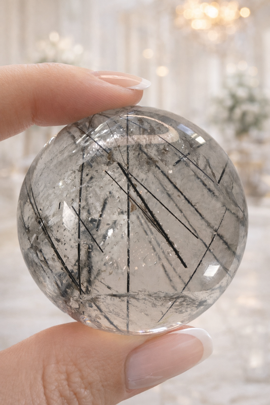 Bergkristall Kugel mit schwarzen Rutil Nadeln 🖤 - 4.7cm, 147g