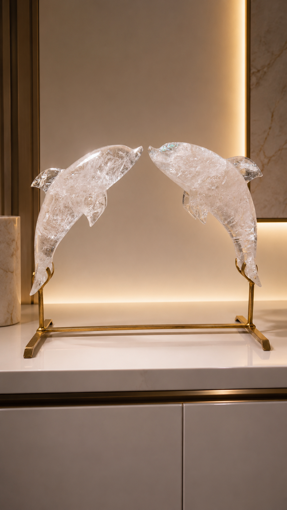Bergkristall Delphin Skulpturen aus Brasilien – Crystal Art mit Light Gold Ständer