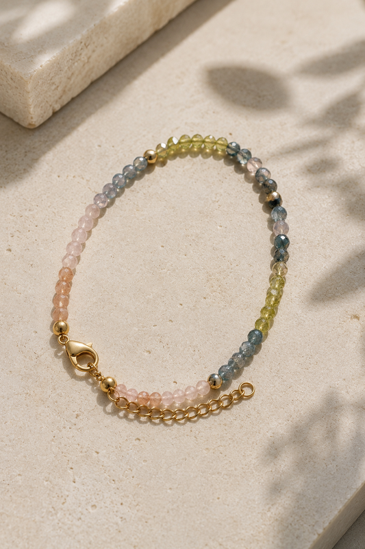 Facettiertes Edelstein Armband – Apatit, Peridot, Moosachat, Sonnenstein & Rosenquarz
