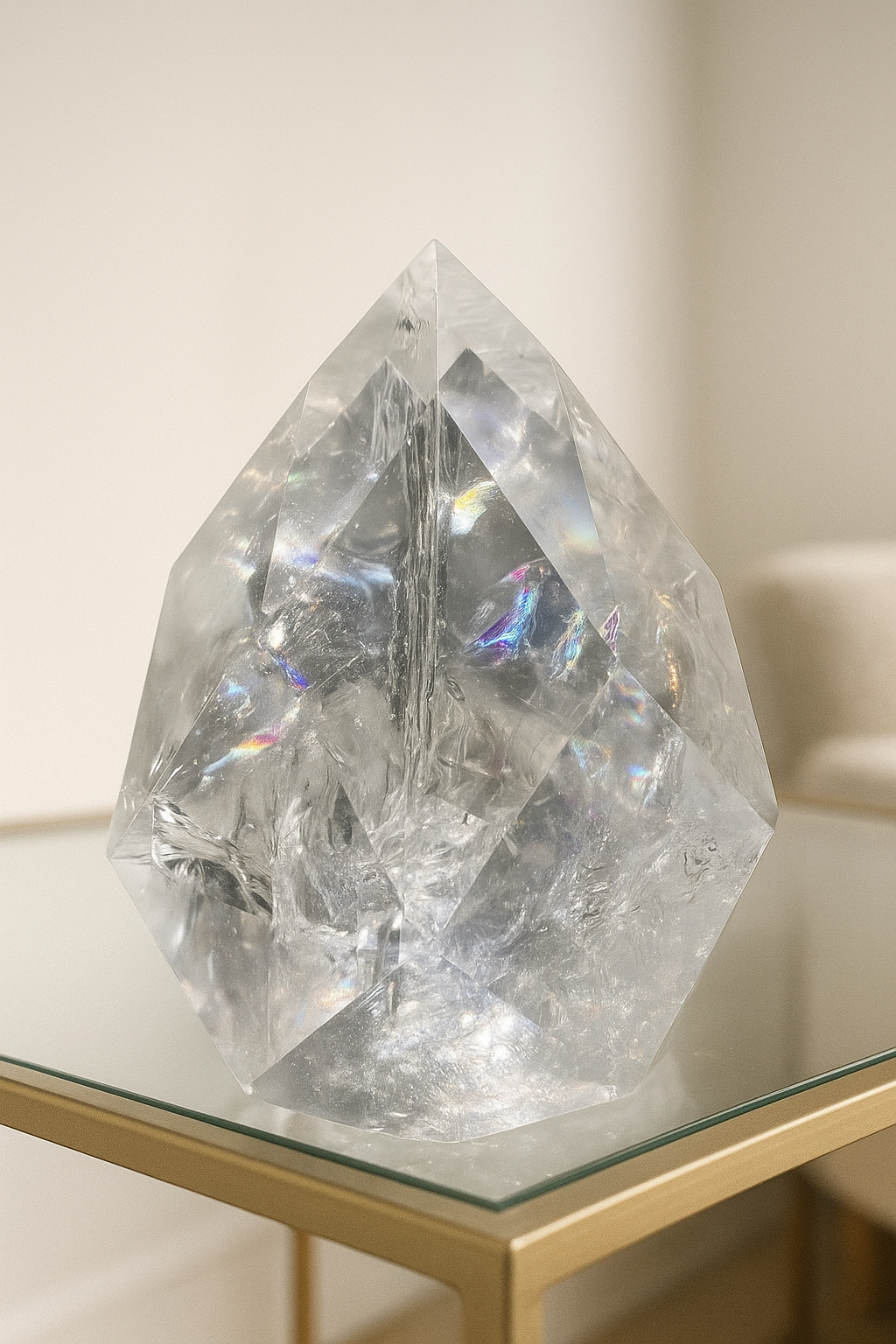 Facettiertes Lemurian Bergkristall-Ornament 6.6 cm 182 g – Handmade Brasilien mit Regenbogen