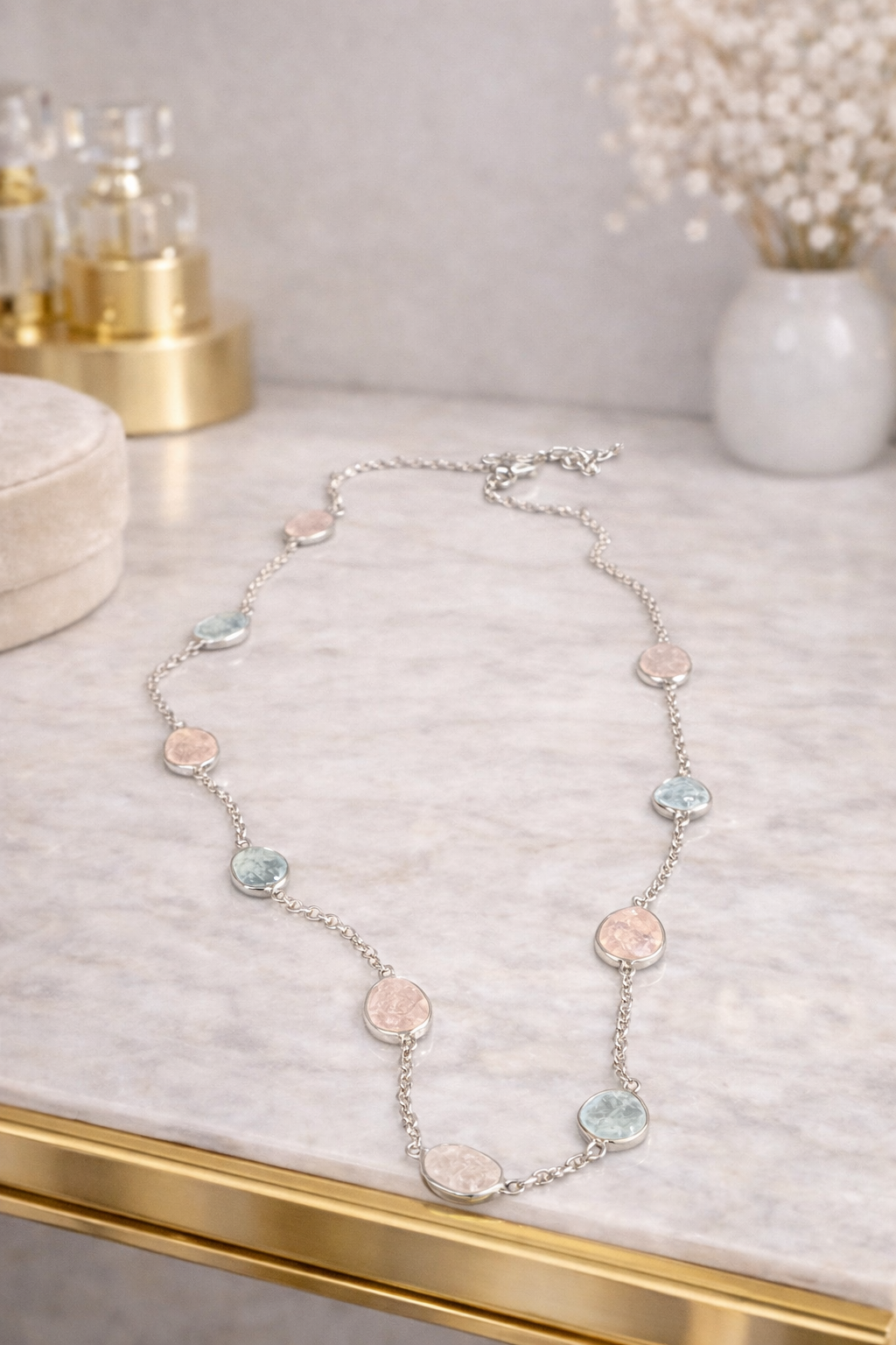 Feine Silberkette mit Rosenquarz und Aquamarin
