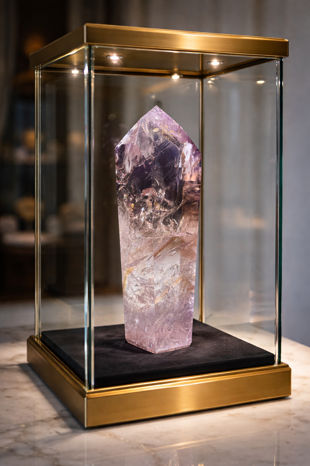 Fluoreszierende Ametrin-Phantomspitze mit klarer Phantomstruktur, 9 cm Höhe, 88 g Gewicht, intensive Violett- und Goldtöne, hochwertige Sammler- und Museumsqualität