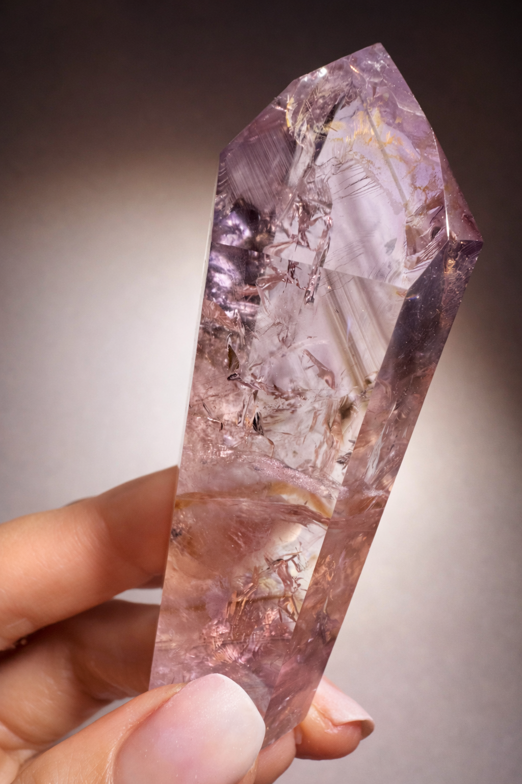 Fluoreszierende Ametrin Phantomspitze 9 cm 88 g Museumsqualität mit sichtbarer Wachstumsstruktur