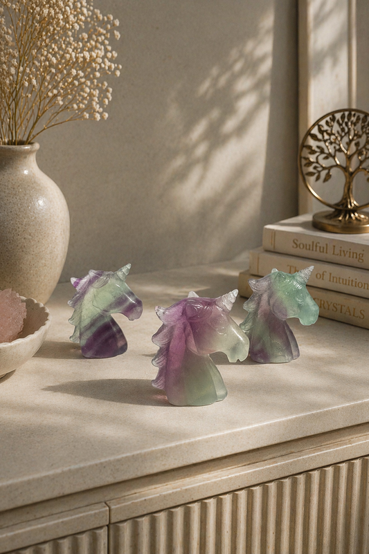 Fluorit Einhorn 7 cm, bunte Kristallfigur für Klarheit und mentale Stärke