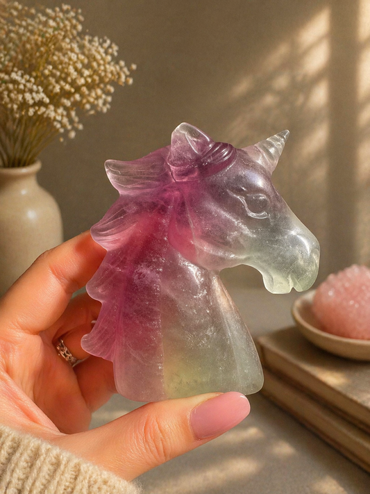 Fluorit Einhorn Figur 6,5 bis 7 cm, kleines Dekoobjekt mit Energie