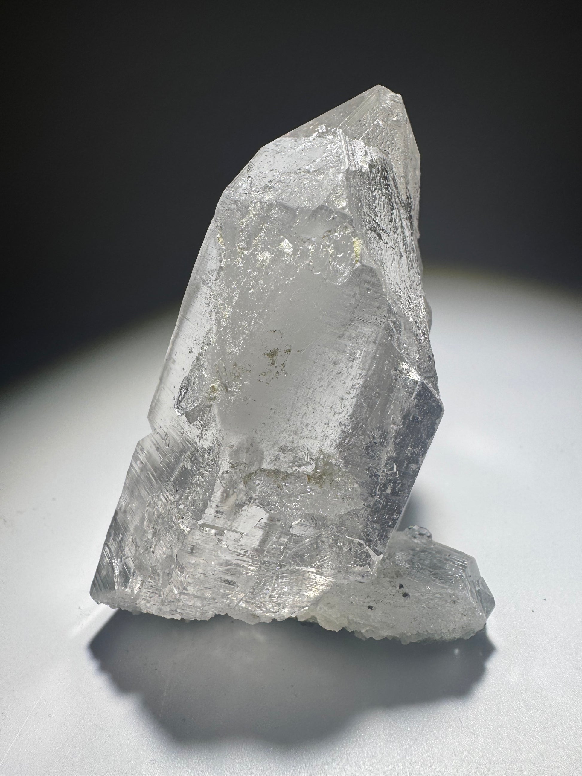 Glasklare Spitze mit Chlorit an der Unterseite