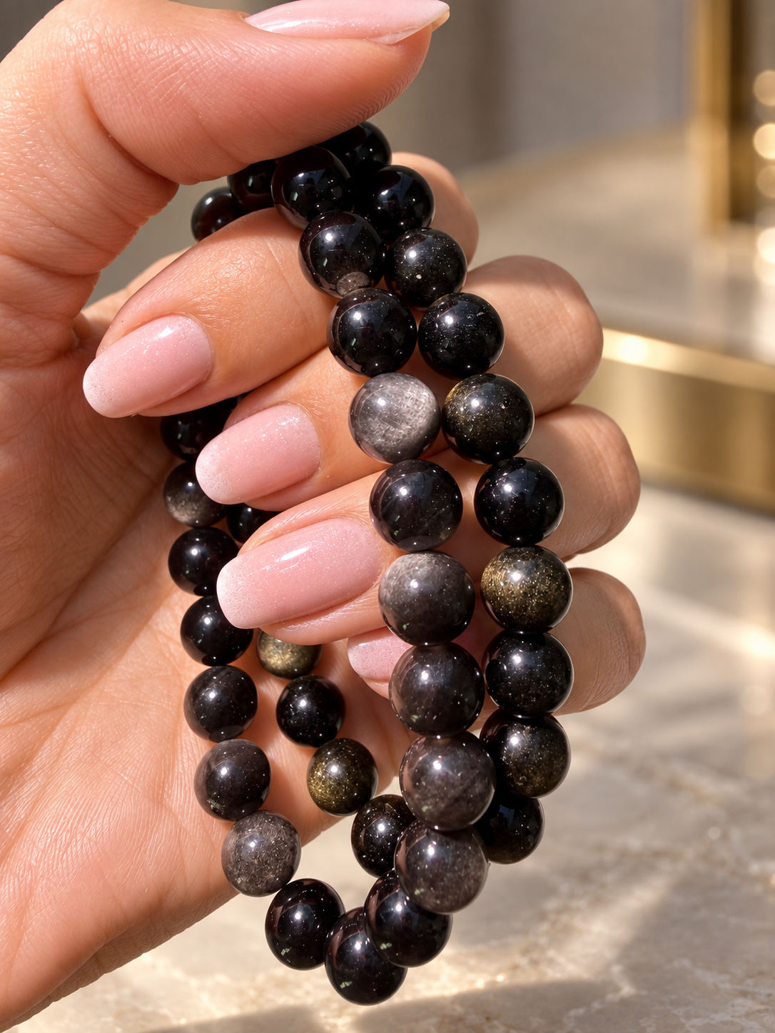 Gold Obsidian & Silber Obsidian Armband – 8 mm | 16, 17 oder 18 cm
