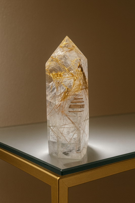 Golden Rutil Kristallspitze 6,5 cm – klarer Quarz mit goldenen Rutilnadeln aus Brasilien in Museumsqualität