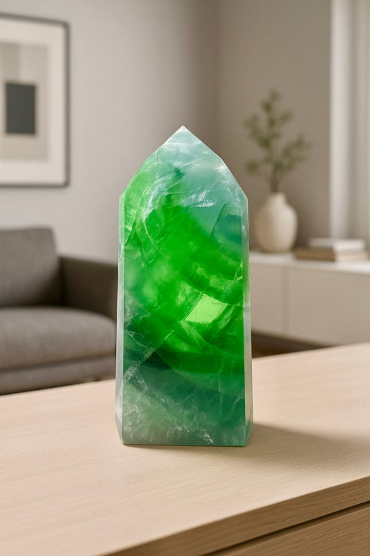 Grüner Fluorit mit glasklarem Kern und Lichtspiel – Premium