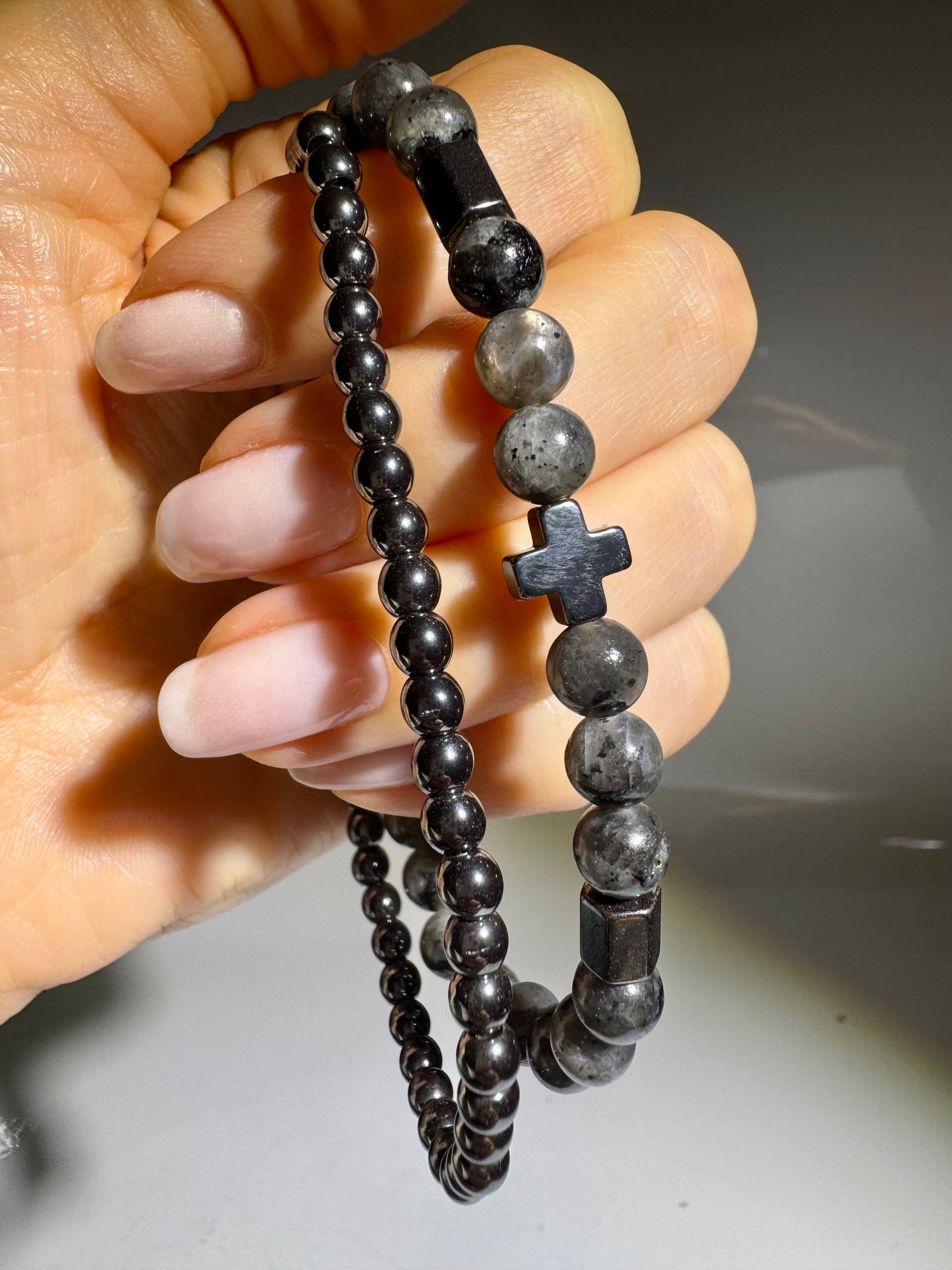 Hämatit Kreuz Armband und Picasso Jaspis Kugeln Armband, 6 mm, 19,5 cm, handgefertigt, spiritueller Schmuck