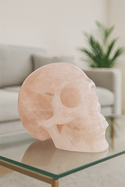 Handgefertigte Schädel-Skulptur aus Rosenquarz – 15 cm lang, 2.31 kg – perfekte Details und rosa Farbe