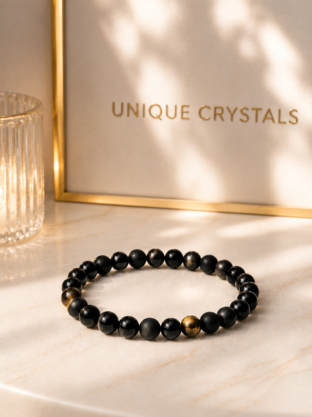 Handgeknüpftes Edelstein-Armband aus Onyx, Obsidian und Golden Obsidian mit 16 cm Länge von Unique Crystals