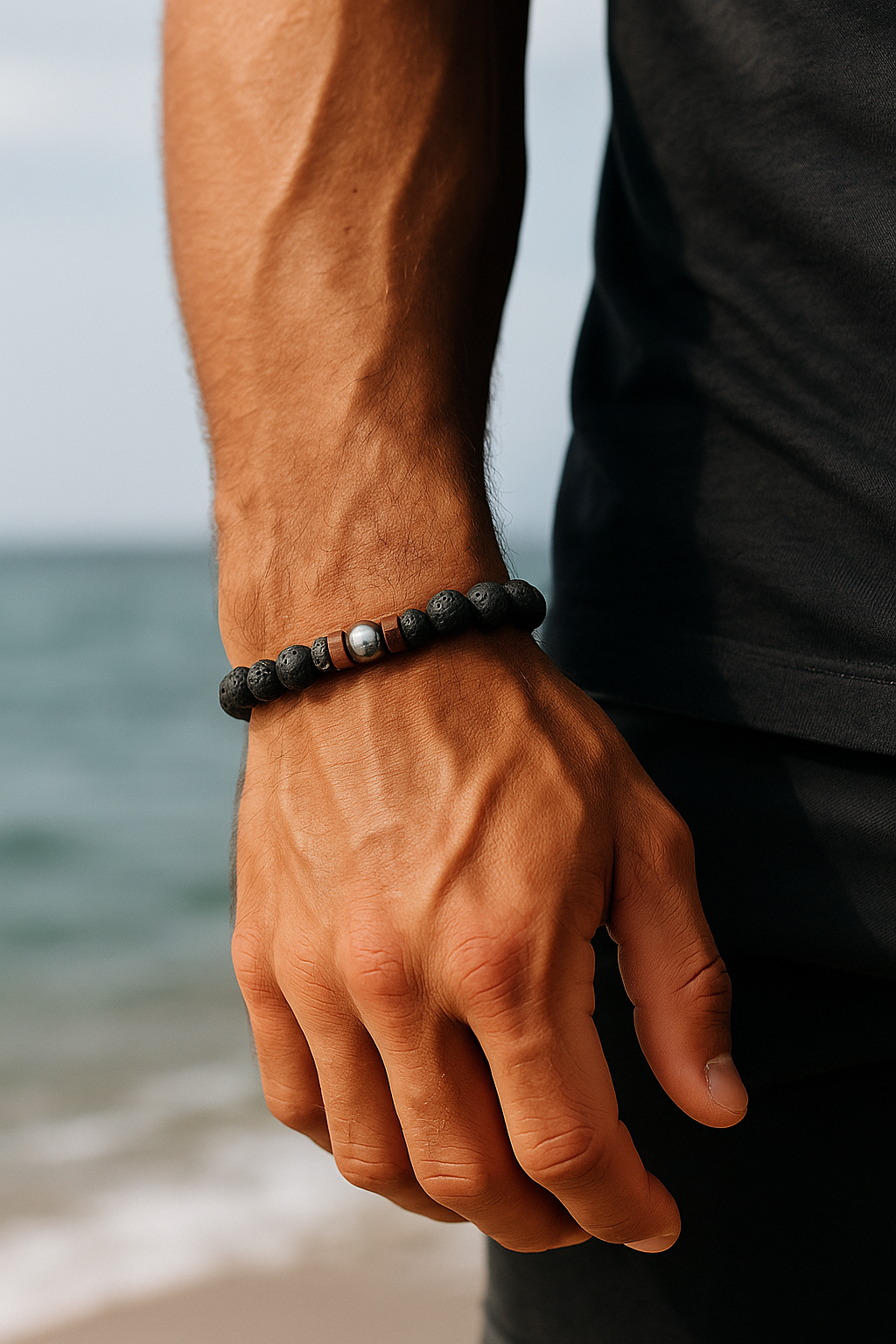 Handgemachtes Kristallarmband für Männer – Lavastein, Hämatit, Holzperlen