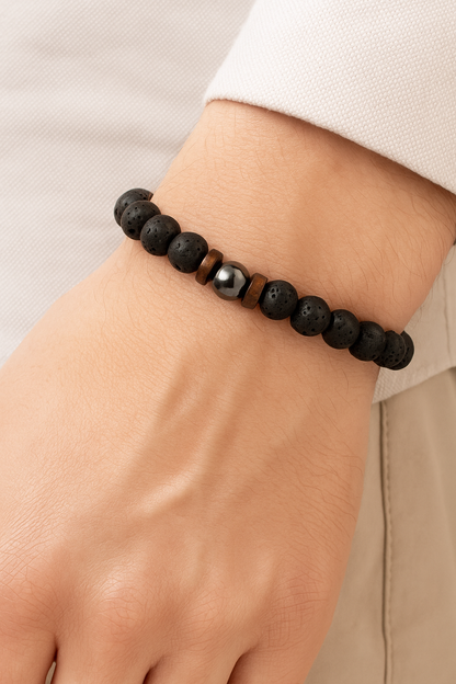Handgemachtes Männerarmband – natürliche Kristalle & Edelsteine – Lavastein, Hämatit, Holz
