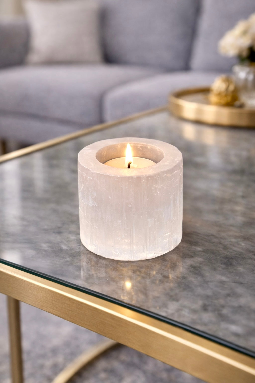 Handgemachtes Selenit-Tee-Licht – 6 cm Durchmesser | Sanftes Licht & natürliche Energie 