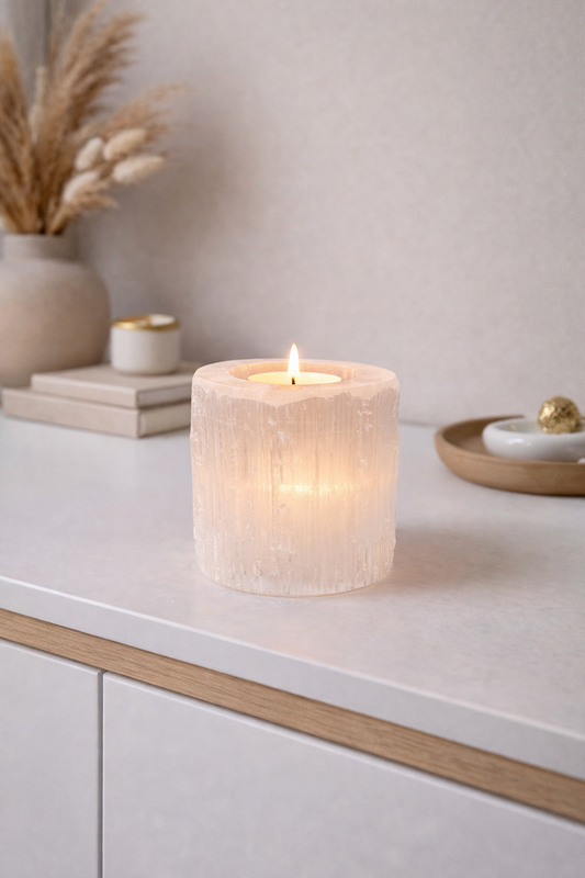 Handgemachtes Selenit-Teelicht – 6 cm Durchmesser | Sanftes Licht