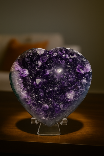 Handverlesenes Amethyst Herz 10,4 cm, 406 g aus Uruguay mit glossy Kristallen. Jetzt kaufen bei UNIQUE CRYSTALS – funkelndes Traumstück voller Energie 