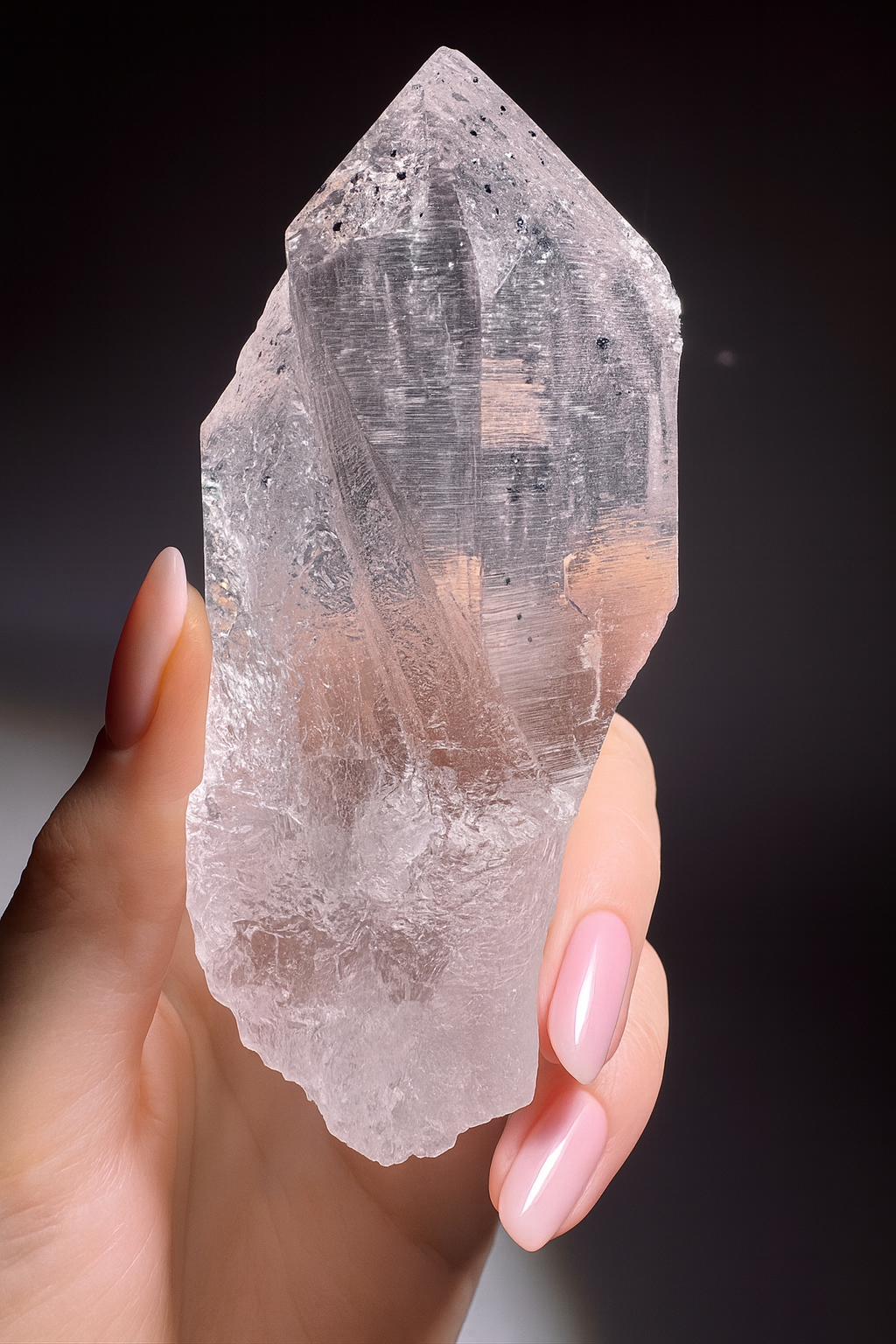 Himalaya Bergkristall 10 cm – ultraklar & mit Hämatit-Funkeln
