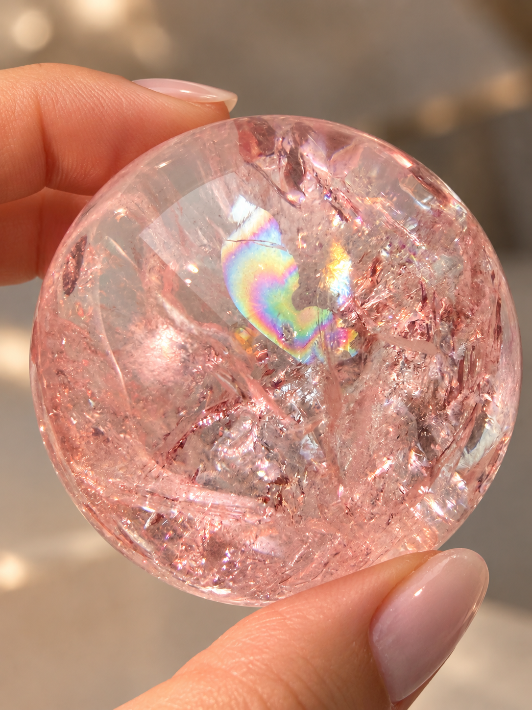 Himalaya Quarz Kugel – Pink Crystal mit spektakulärem Regenbogen | 4,8 cm