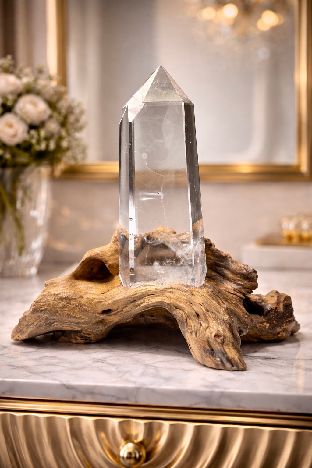 Hochreine Lemurian Bergkristallspitze auf Holzsockel · Naturkristall mit minimalen Einschlüssen · 15.5 cm