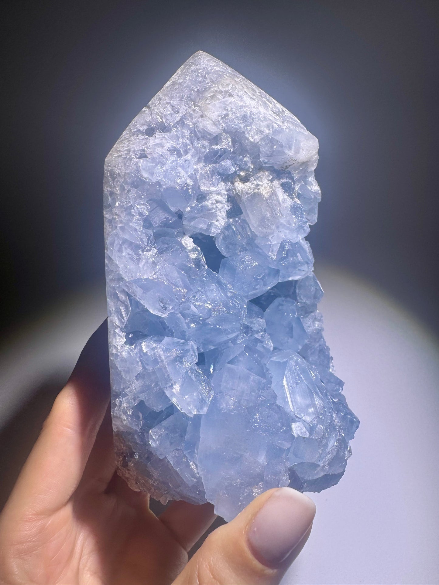 Celestin Kristallspitze 13.5 cm – seltener Edelstein mit leuchtend hellblauen Kristallen