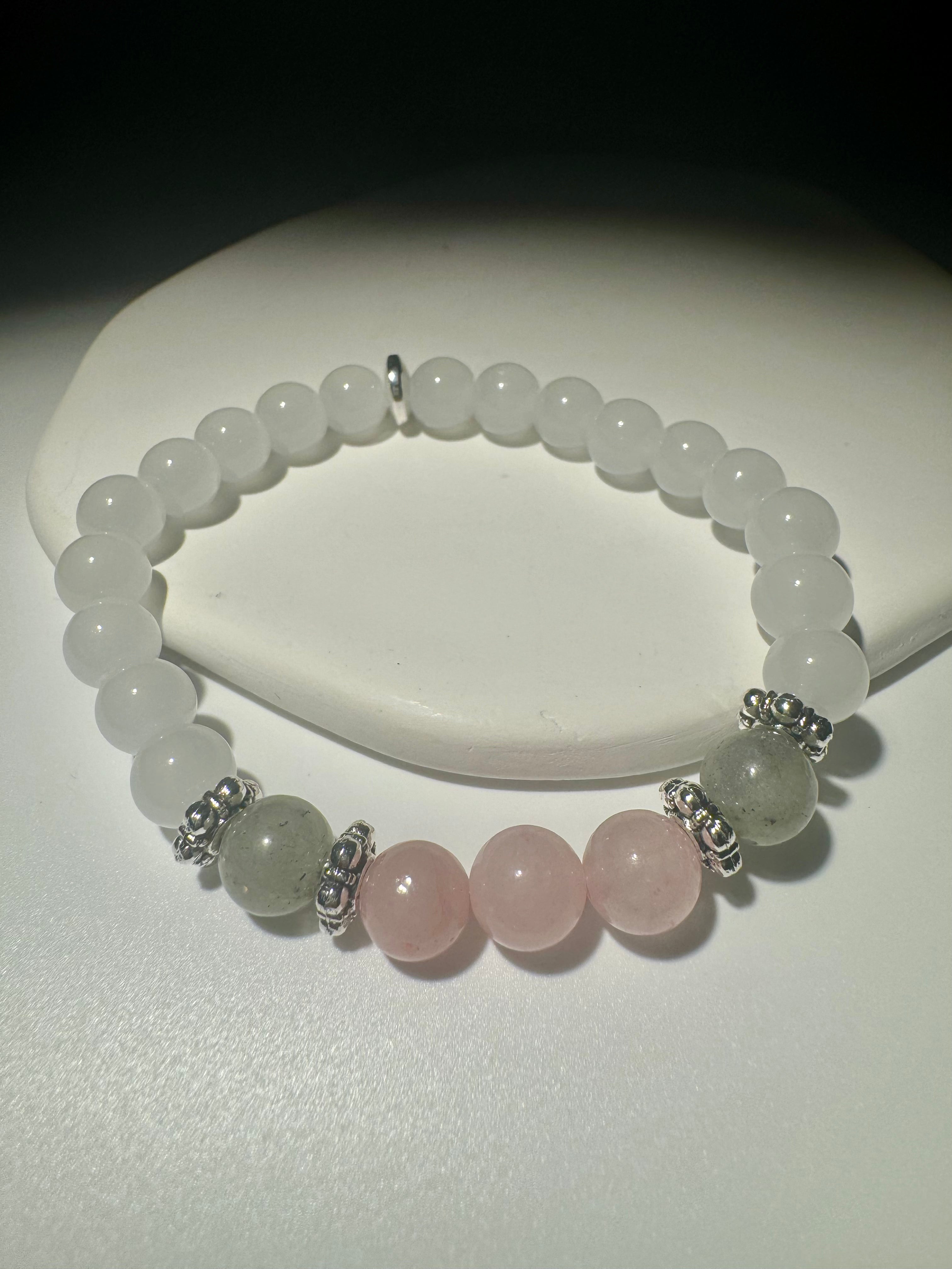 Kristallarmband 19 cm – Mondstein, Rosenquarz & Labradorit für Liebe, Intuition & Schutz 💗🌙🌈