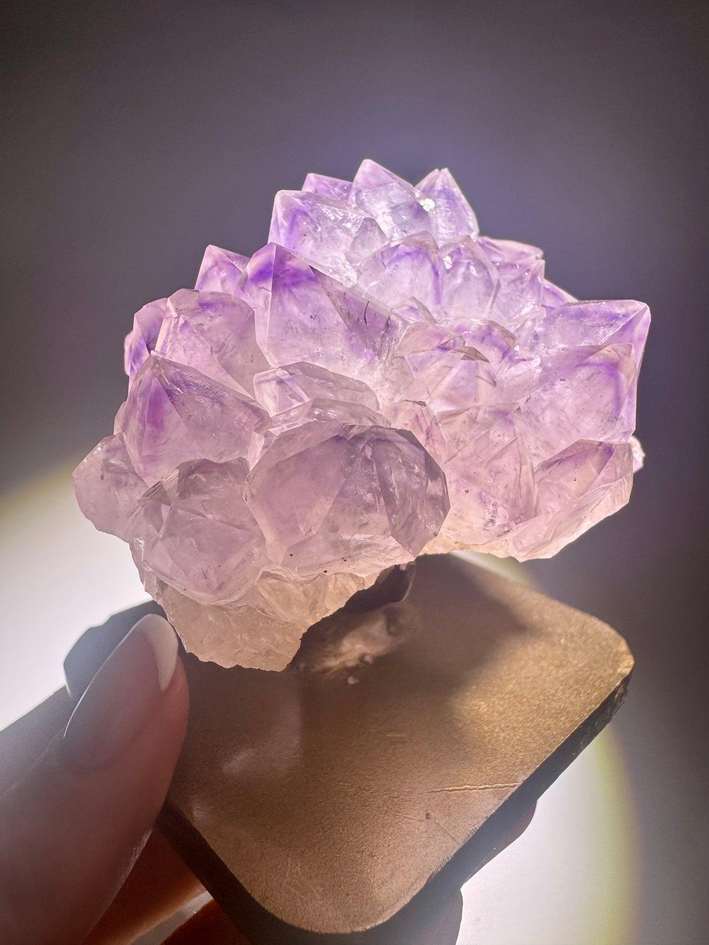 Süsse Amethystblüte auf Goldständer – Edelstein-Stalaktit aus Uruguay, 7 cm