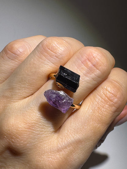 Kraftvoller Heilsteinring mit Amethyst & Tourmalin 18 K vergoldet