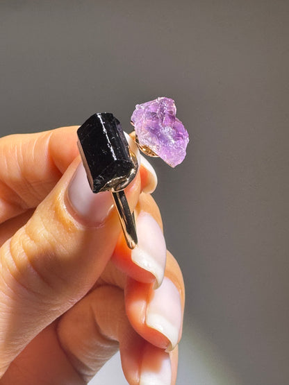 Kraftvoller Heilsteinring mit Amethyst & Tourmalin 18 K vergoldet