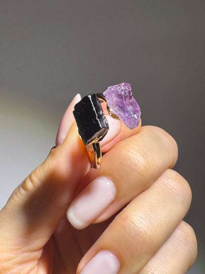 Kraftvoller Heilsteinring mit Amethyst & Tourmalin 18 K vergoldet