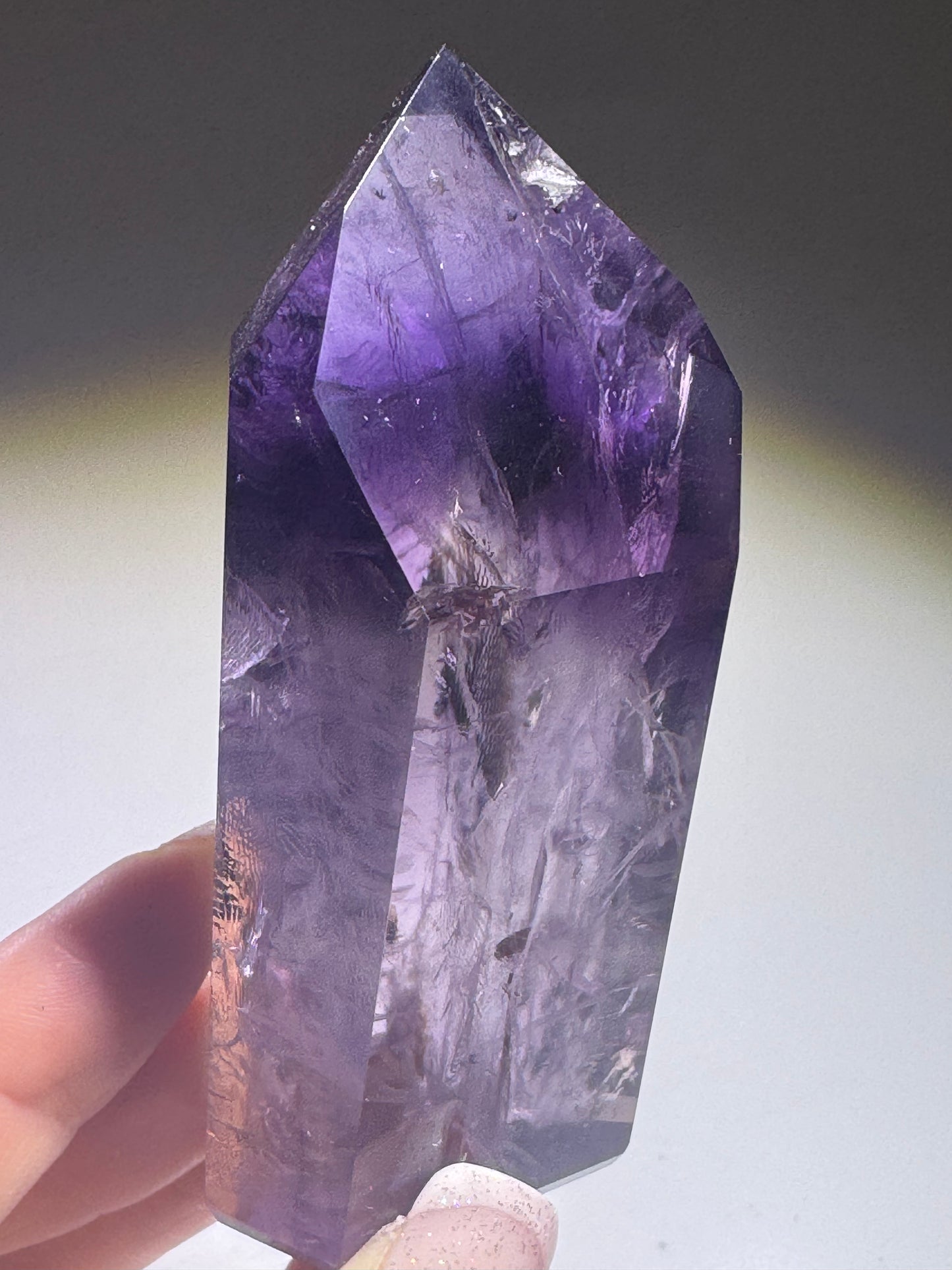 Ametrinspitze 8,5 cm – klarer Amethyst-Citrin Kristall aus Brasilien mit Phantomen – 147 g