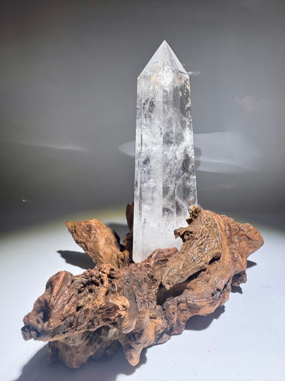 Bezaubernde Bergkristall Spitze Kristall 19 cm auf Wurzelständer