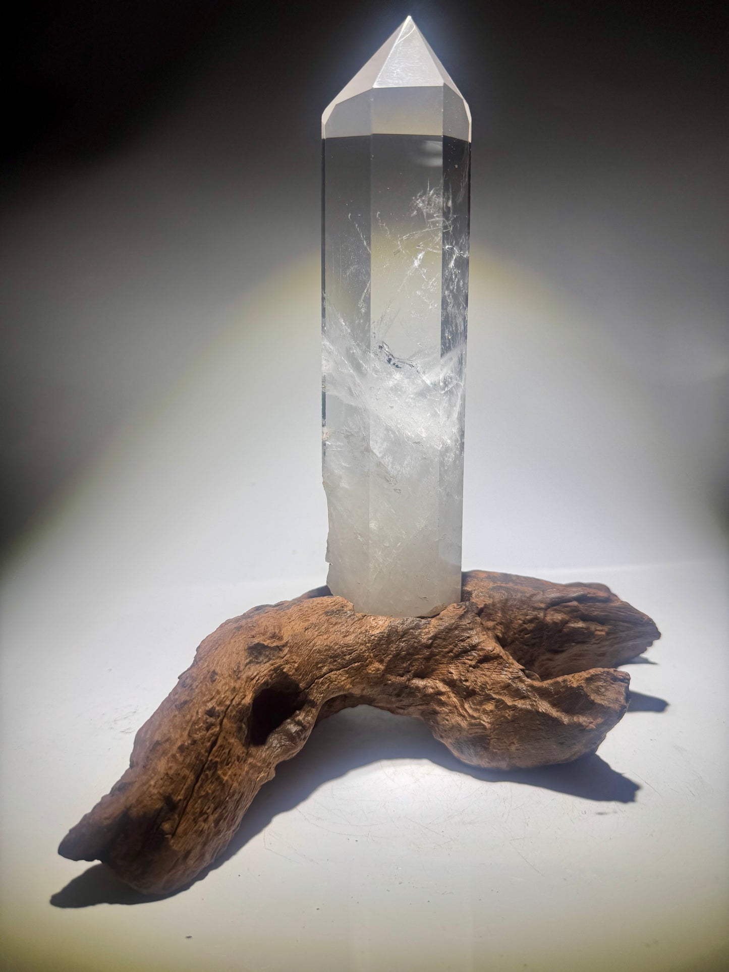 Klare Bergkristallspitze auf Wurzelholz – Natur in ihrer schönsten Form 26cm