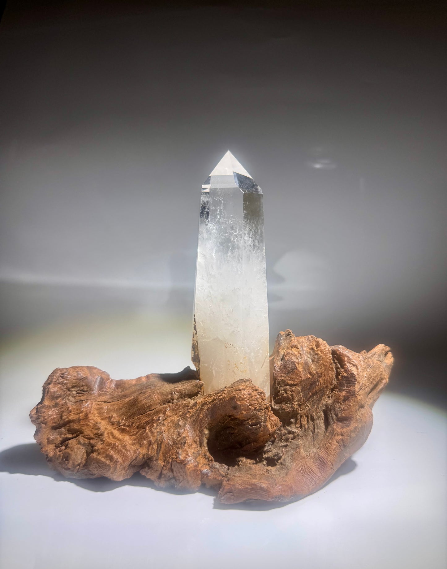Enchanting rock crystal point crystal 19 cm on root stand