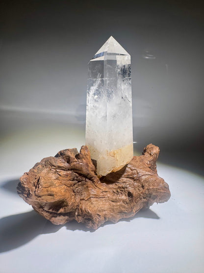 Enchanting rock crystal point crystal 19 cm on root stand
