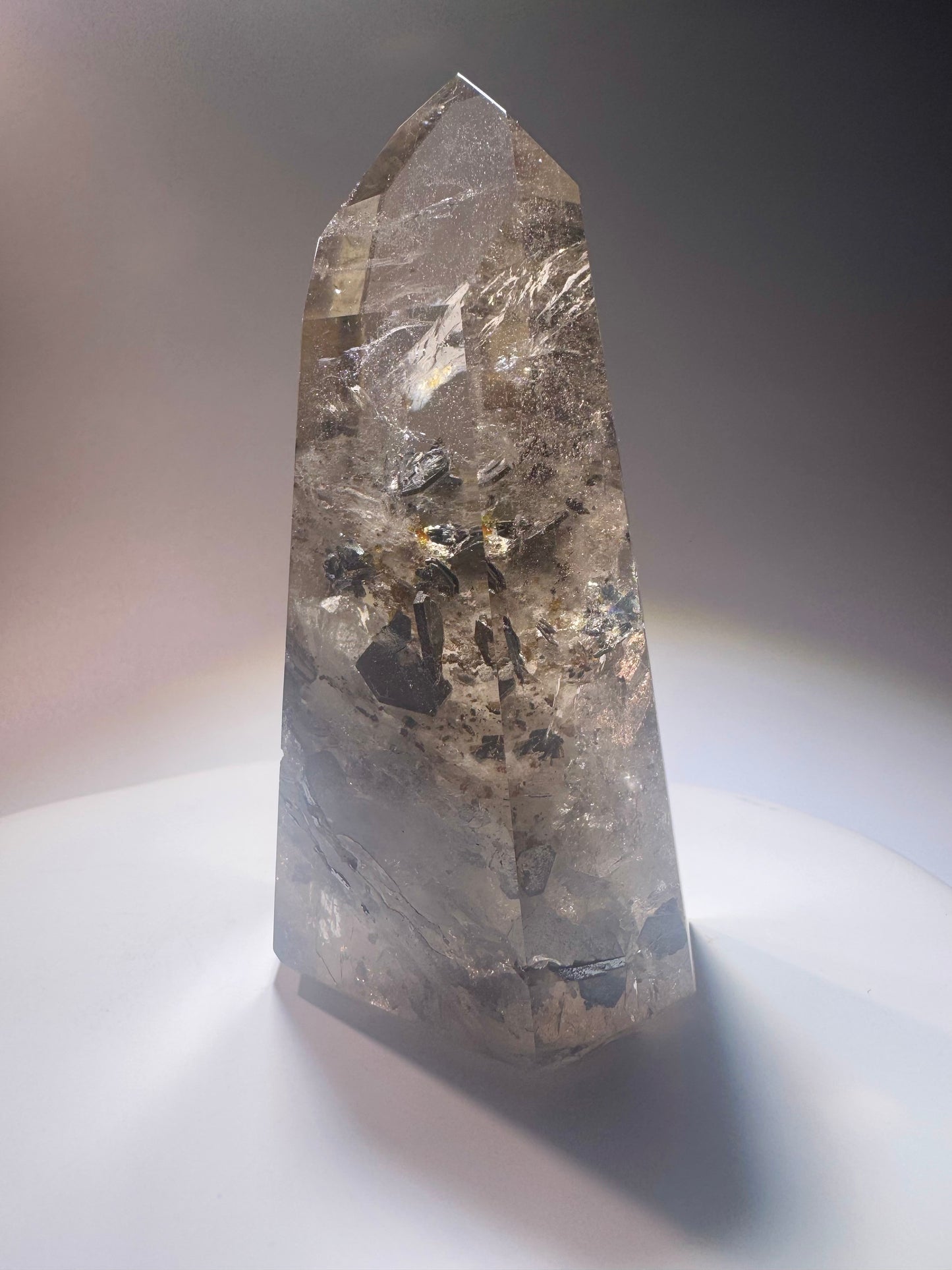 Rauchquarz mit Hämatit-Einschlüssen – Champagnerfarbenes Unikat mit schimmerndem Innenleben, 9,7 cm, 216 g