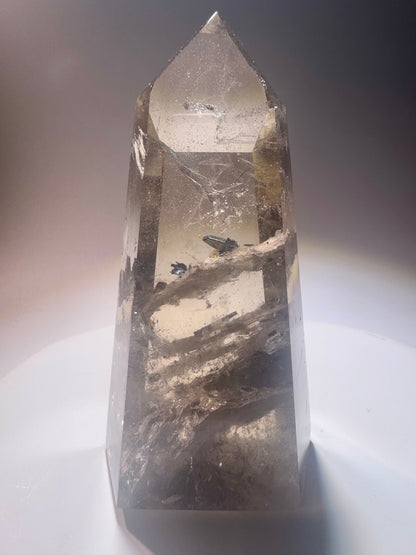 Rauchquarz mit Hämatit-Einschlüssen – Champagnerfarbenes Unikat mit schimmerndem Innenleben, 9,7 cm, 216 g