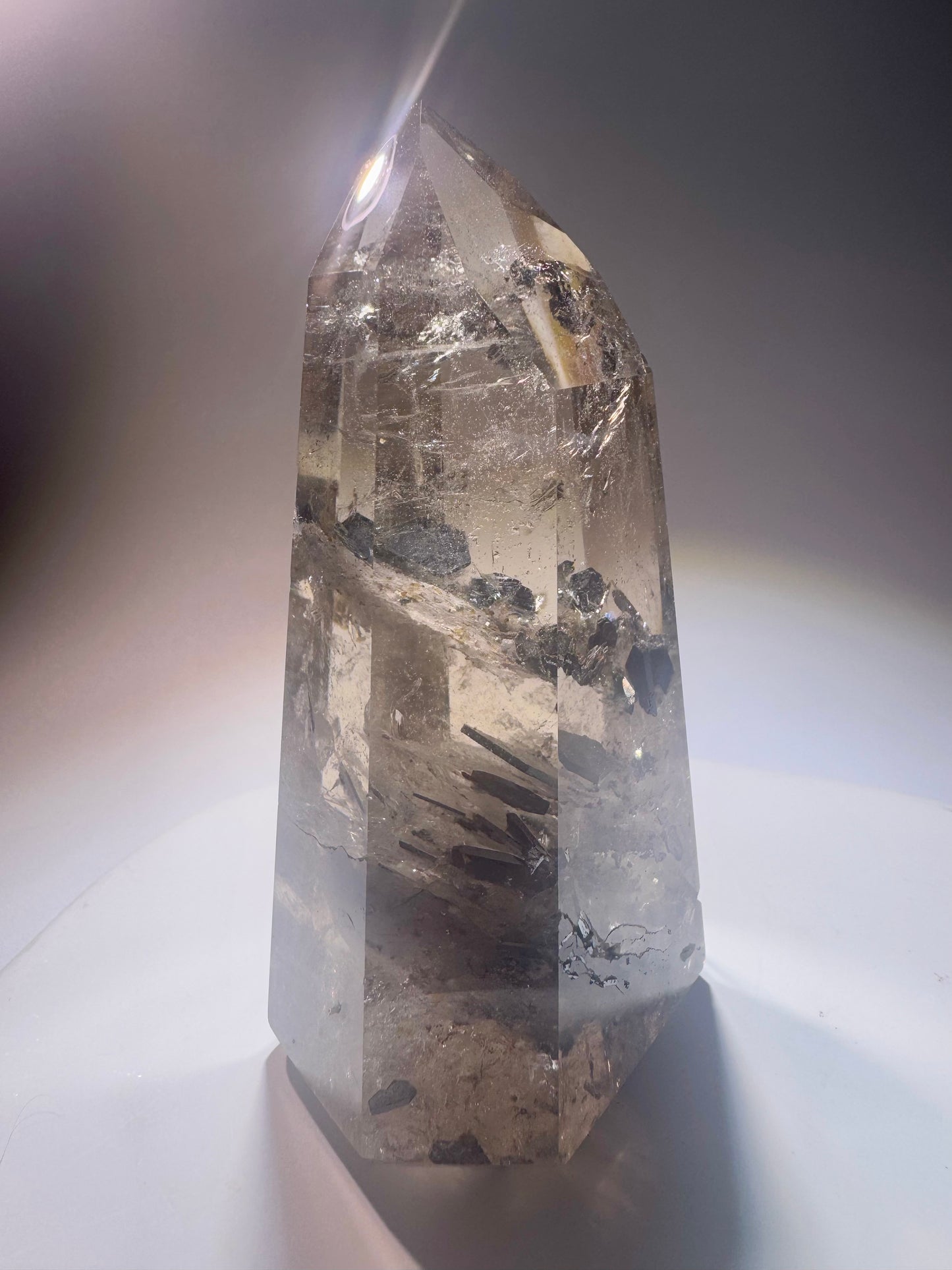 Rauchquarz mit Hämatit-Einschlüssen – Champagnerfarbenes Unikat mit schimmerndem Innenleben, 9,7 cm, 216 g