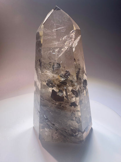 Rauchquarz mit Hämatit-Einschlüssen – Champagnerfarbenes Unikat mit schimmerndem Innenleben, 9,7 cm, 216 g