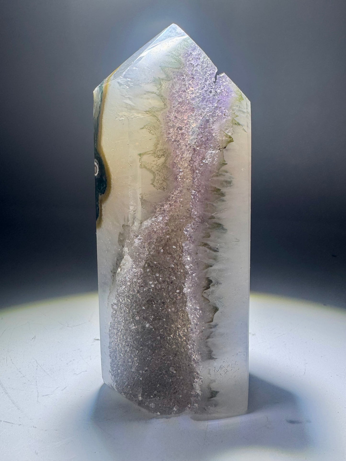 Achatspitze mit Amethyst 11.5 cm Fliederfarbene Kristalle aus Brasilien 💜