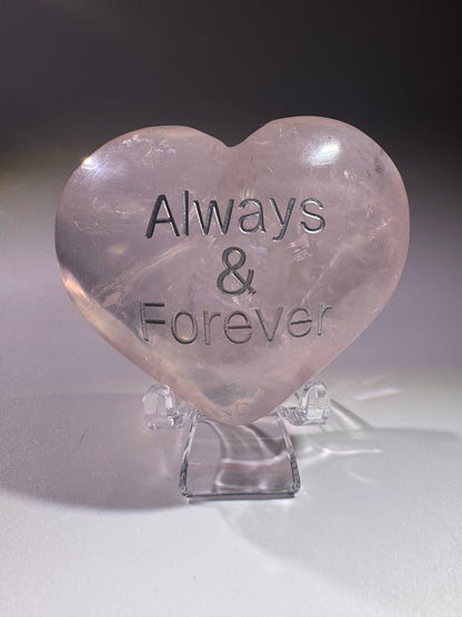 Ice Rosenquarz Herz 6 cm – graviert mit „always and forever“ in Silber