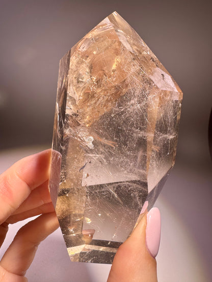 Glasklare Golden Rutil Kristallspitze 10,5 cm – Rauchquarz mit Regenbogen & Rutilnadeln aus Brasilien