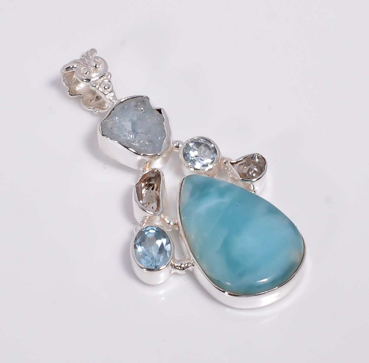 Larimar Anhänger 925 Sterling Silber – Handgemacht mit Aquamarin & Herkimer Diamond