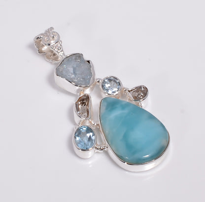 Larimar Anhänger 925 Sterling Silber – Handgemacht mit Aquamarin & Herkimer Diamond