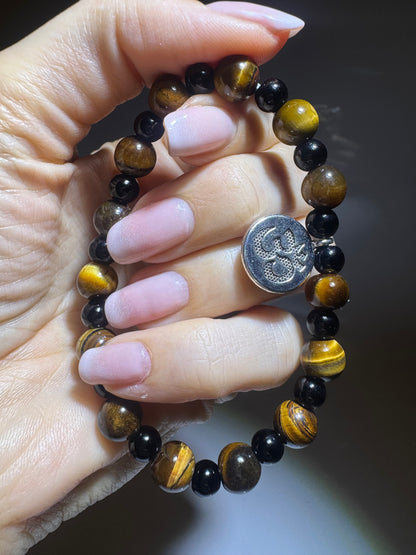 Onyx & Lava oder Onyx & Tigerauge Armband 19 cm – Handgeknüpft mit OM-Charm 🖤🌋