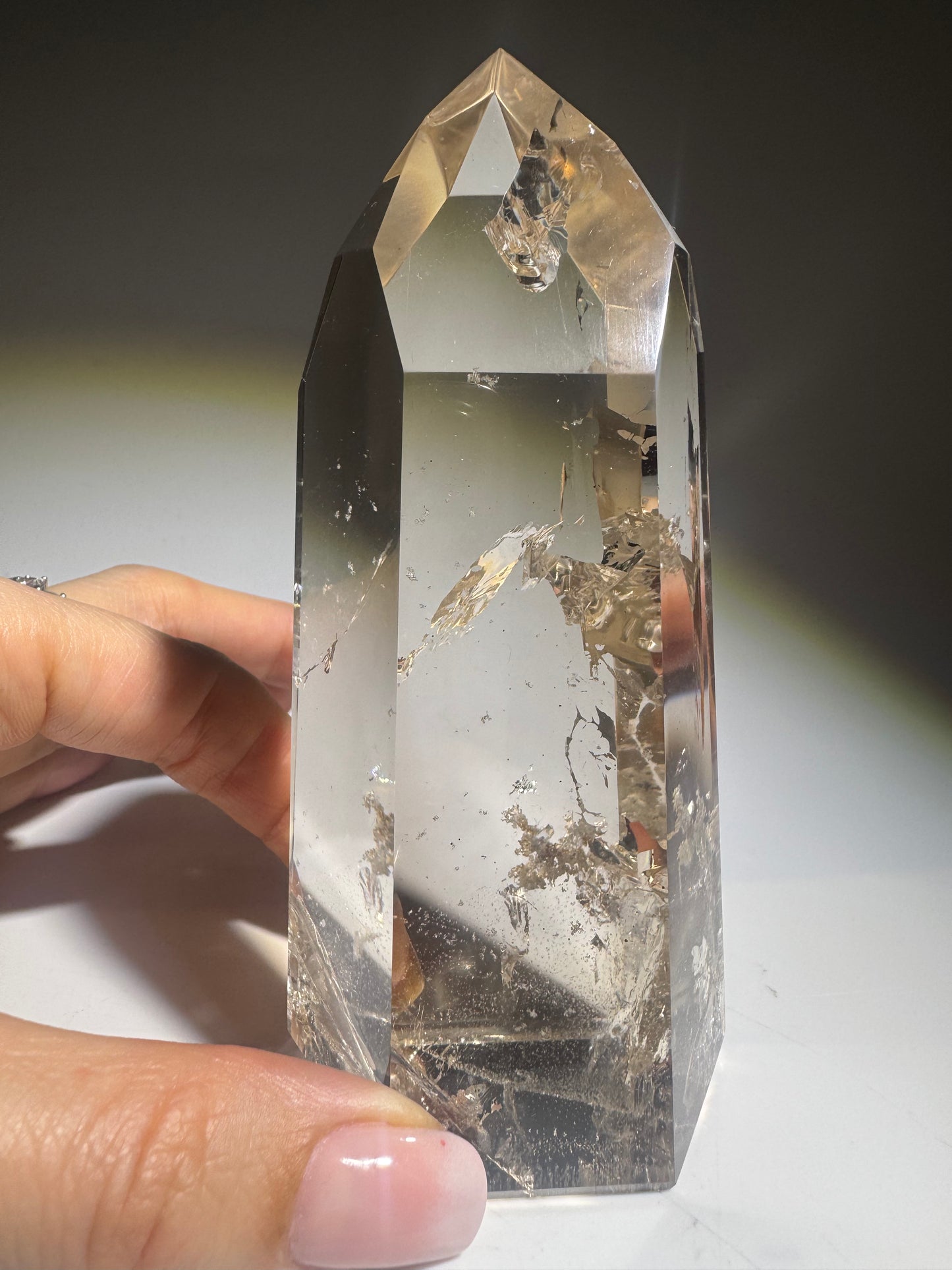 Lemurian Rauchquarz Kristallspitze mit Regenbogen – 11.5 cm, 354 g